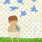 Boy holding bluebird on pol..
