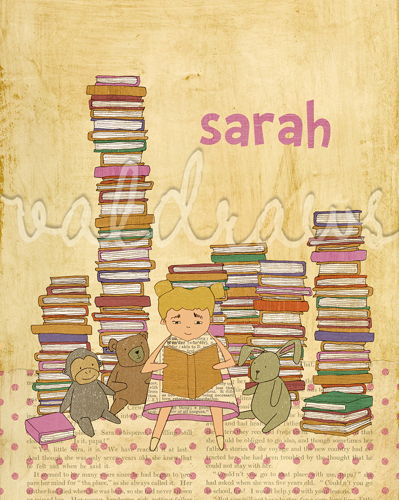 Girl reading to stuffed animals among stacks of books Wonder personalized 8 x 10 print (girl)