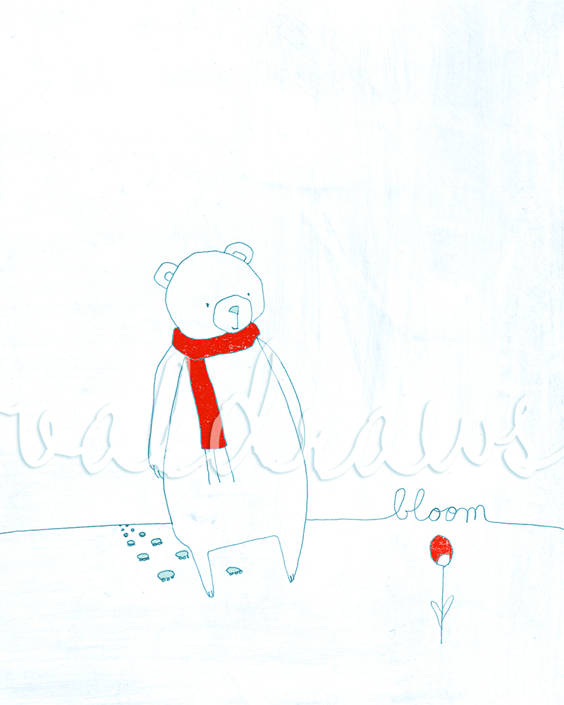 Bear art print Winter art print Bloom 8x10 print in white red and turquoise