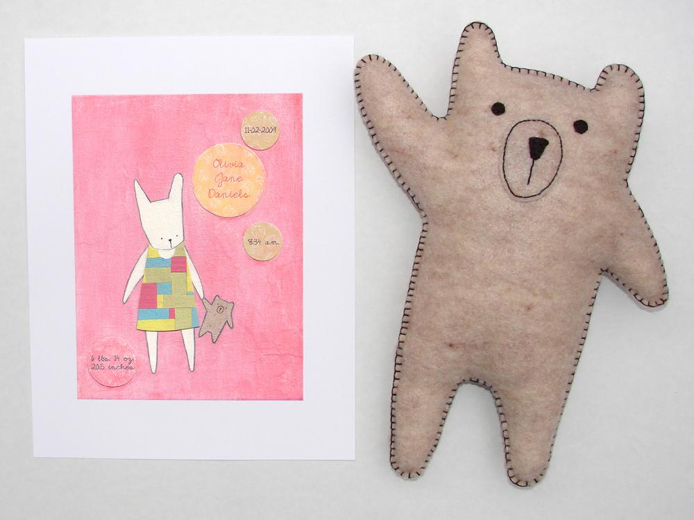 Personalized girl's nursery print with hand-stitched felt bear