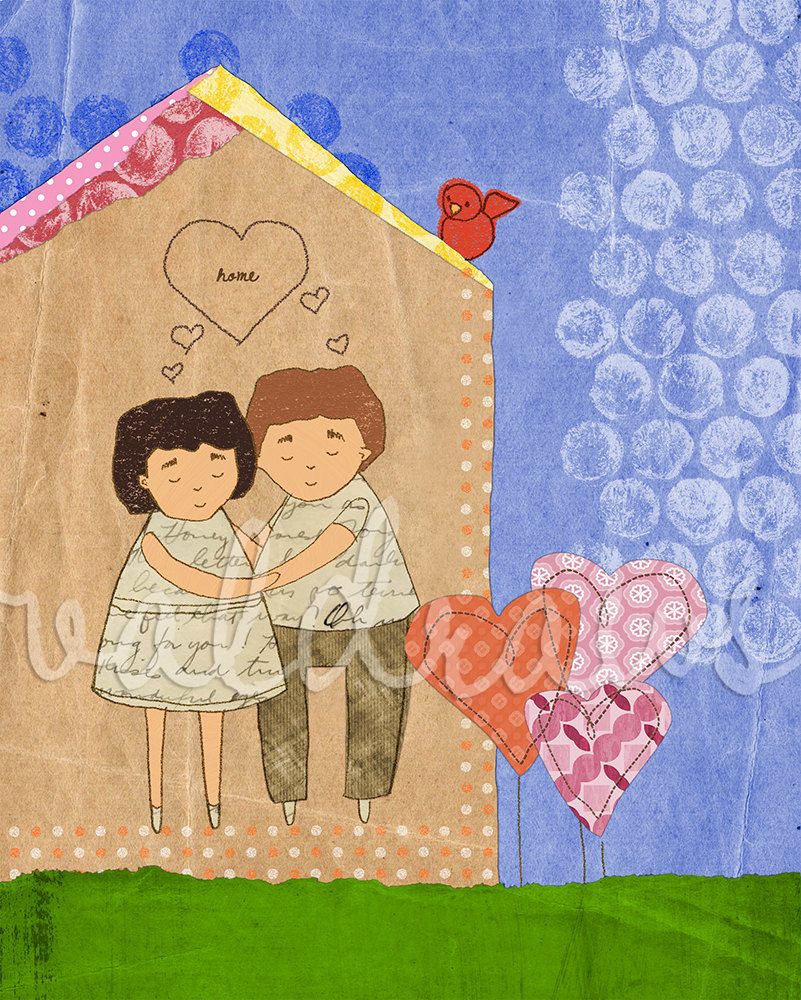 Man and woman embracing in house with red bird and heart-shaped flowers Custom 8 x 10 print