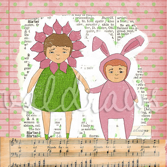 Children's art print Two girls holding hands Sisters 3 x 3 mini print