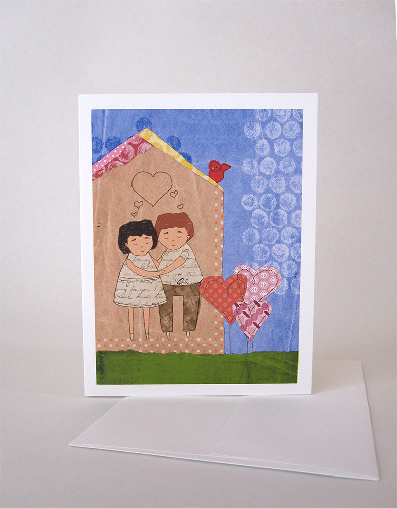 Card - blank inside - man and woman in love hugging in house surrounded by garden with bird