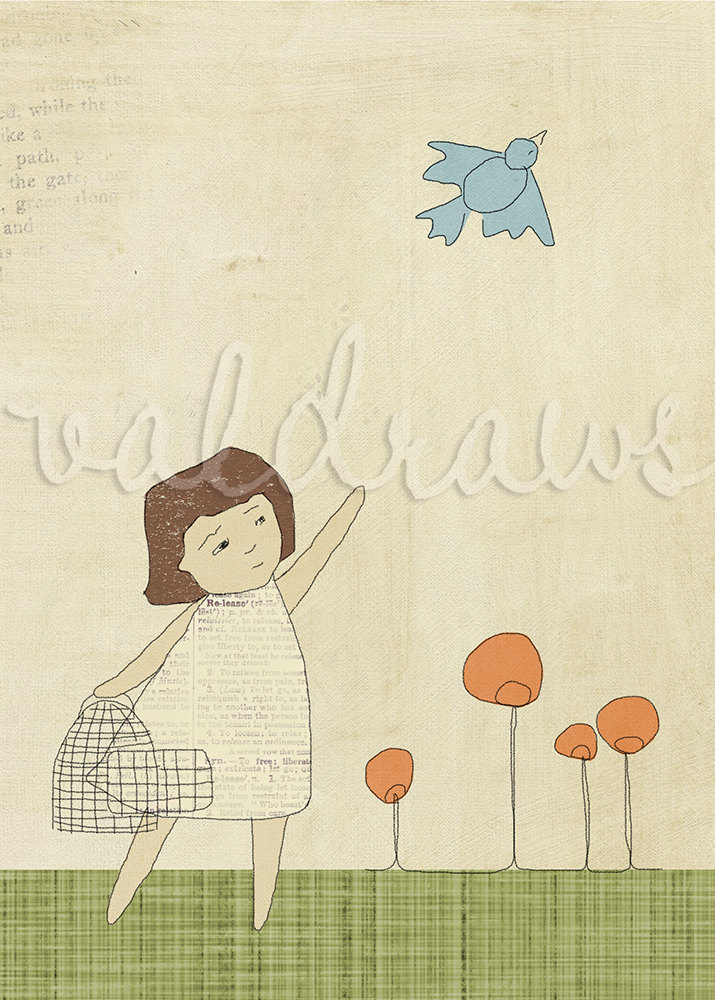 Girl releasing bluebird from cage and waving Release 5 x 7 print