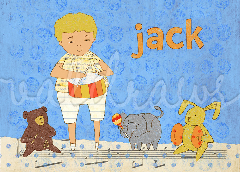 Kids wall art Children's personalized art print Boy playing drum with stuffed animal band A Different Drummer Boy 5 x 7 print