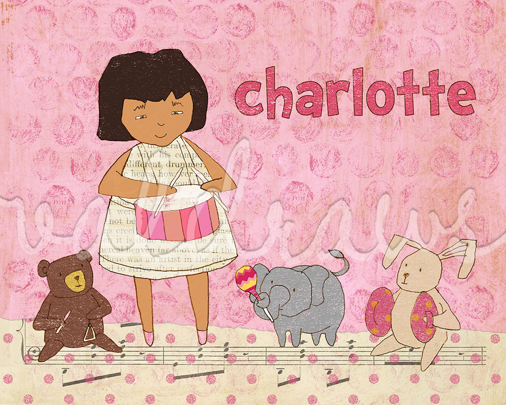 Kids wall art Girl's personalized art print Girl playing drum with stuffed animal band 8 x 10 print