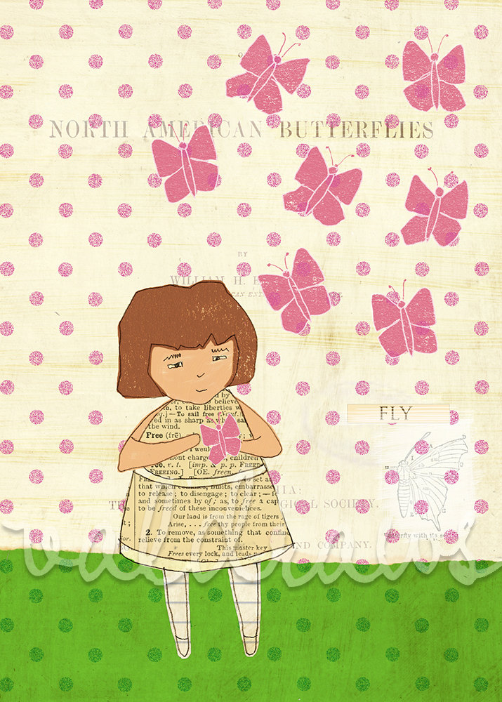 Girl holding pink butterfly on polka dot background - Butterflies 5 x 7 print