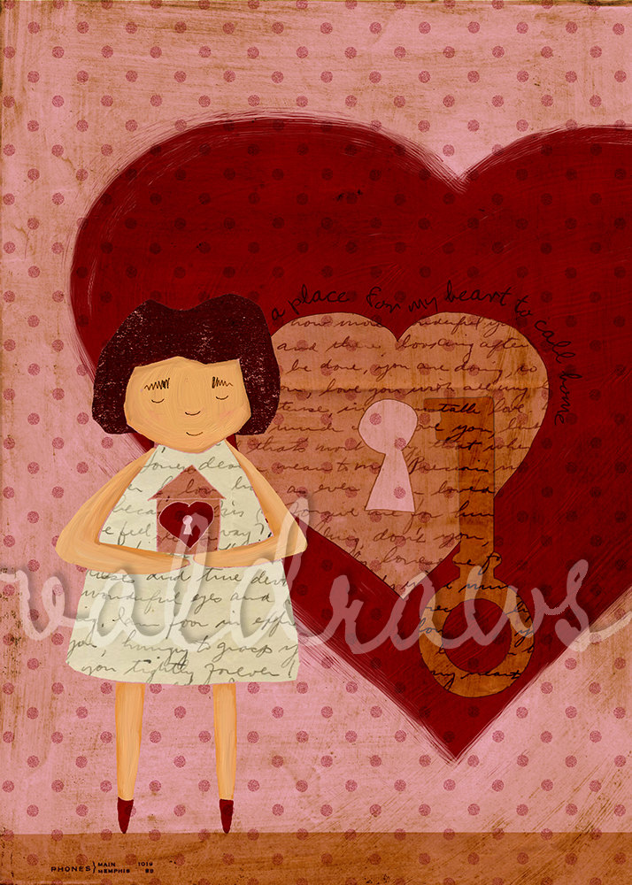 Girl holding house near heart on large red heart and polka dot background - A Place For My Heart To Call Home - 5 x 7 print