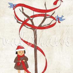 Knitting art Winter art Bluebird art Friendship art Girl knitting scarf Wrapped In The Warmth Of Friendship 8 x 10 print