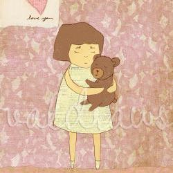 Girl hugging teddy bear art print Comfort 8 x 10 print