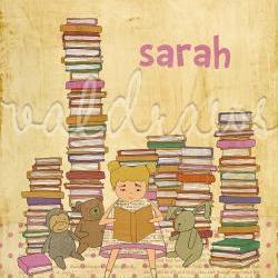 Girl reading to stuffed animals among stacks of books Wonder personalized 8 x 10 print (girl)