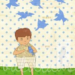 Boy holding bluebird on polka dot background Bluebirds 8 x 10 print