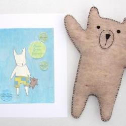 Personalized boy's nursery print with hand-stitched felt bear