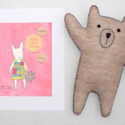 Personalized girl's nursery print with hand-stitched felt bear