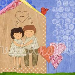 Man and woman embracing in house with red bird and heart-shaped flowers Custom 8 x 10 print