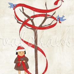Knitting art Winter art Bluebird art Friendship art Girl knitting scarf Wrapped In The Warmth Of Friendship 8 x 10 print 