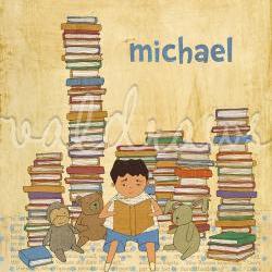 Boy reading to stuffed animals among stacks of books Wonder personalized 8 x 10 print (boy)