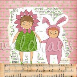 Children's art print Two girls holding hands Sisters 3 x 3 mini print