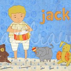 Kids wall art Children's personalized art print Boy playing drum with stuffed animal band A Different Drummer Boy 5 x 7 print