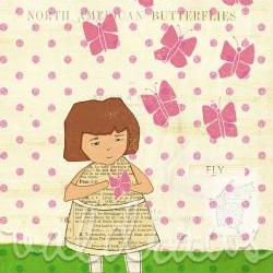 Girl holding pink butterfly on polka dot background - Butterflies 5 x 7 print