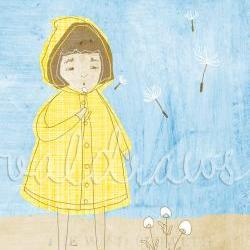 Blowing dandelion print Yellow and blue print Girl in yellow slicker on blue blowing dandelion The Wind Bloweth 5 x 7 print