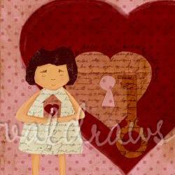 Girl holding house near heart on large red heart and polka dot background - A Place For My Heart To Call Home - 5 x 7 print